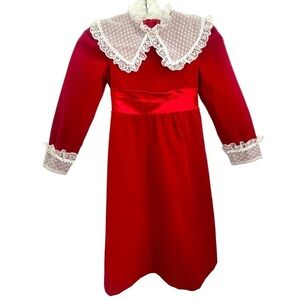 Vintage 80’s Girls Red Velvet Formal Holiday Dress With Lace & Satin Trim M 8/10